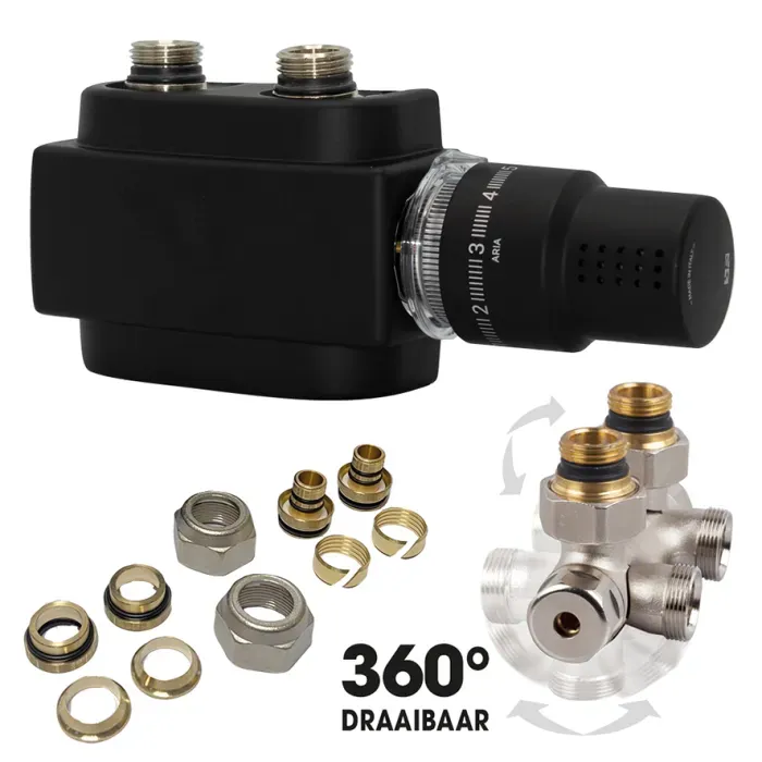 DRL Freestyle H-onderblok kit - 50 mm (haaks/recht 360 draaibaar) - plus thermostaatkop M30 zwart - plus koppelingen 16x2mm - plus CV/Cu 15 mm.